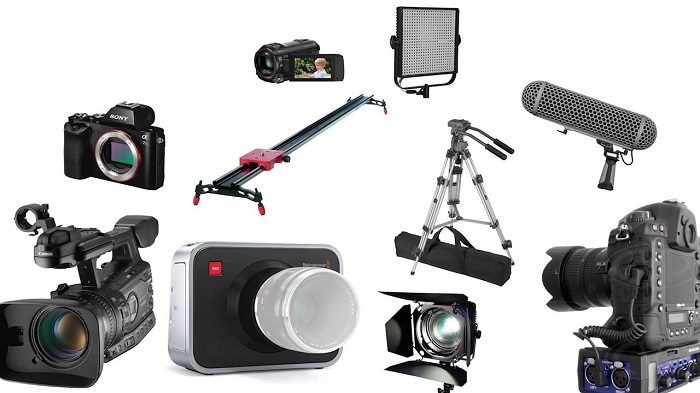 Multiple Collections of Camera Equipments Isolated On White Background.